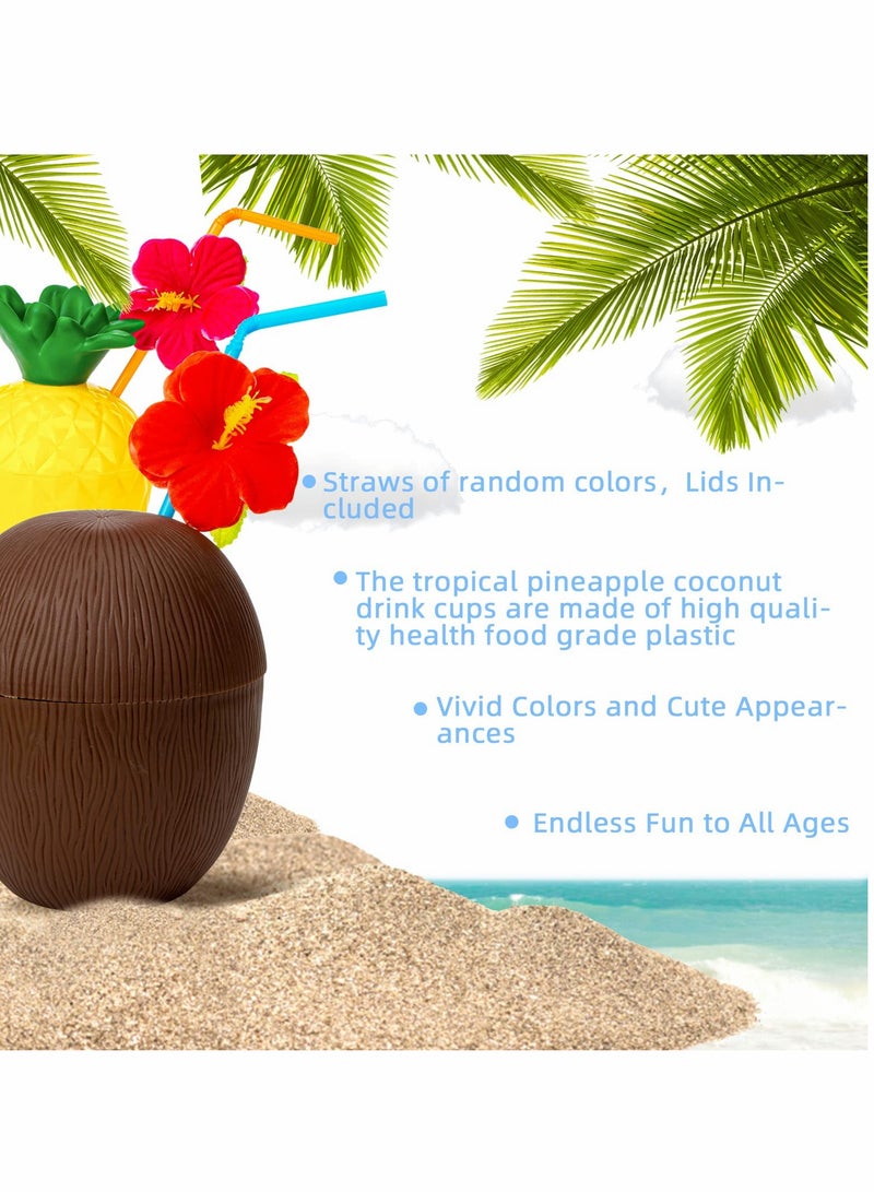 SOLARAE أكواب الأناناس وجوز الهند، أكواب بنكهة هاواي الاستوائية مع أغطية وشفاطات للاحتفالات وأعياد الميلاد (12 قطعة) - Image 3