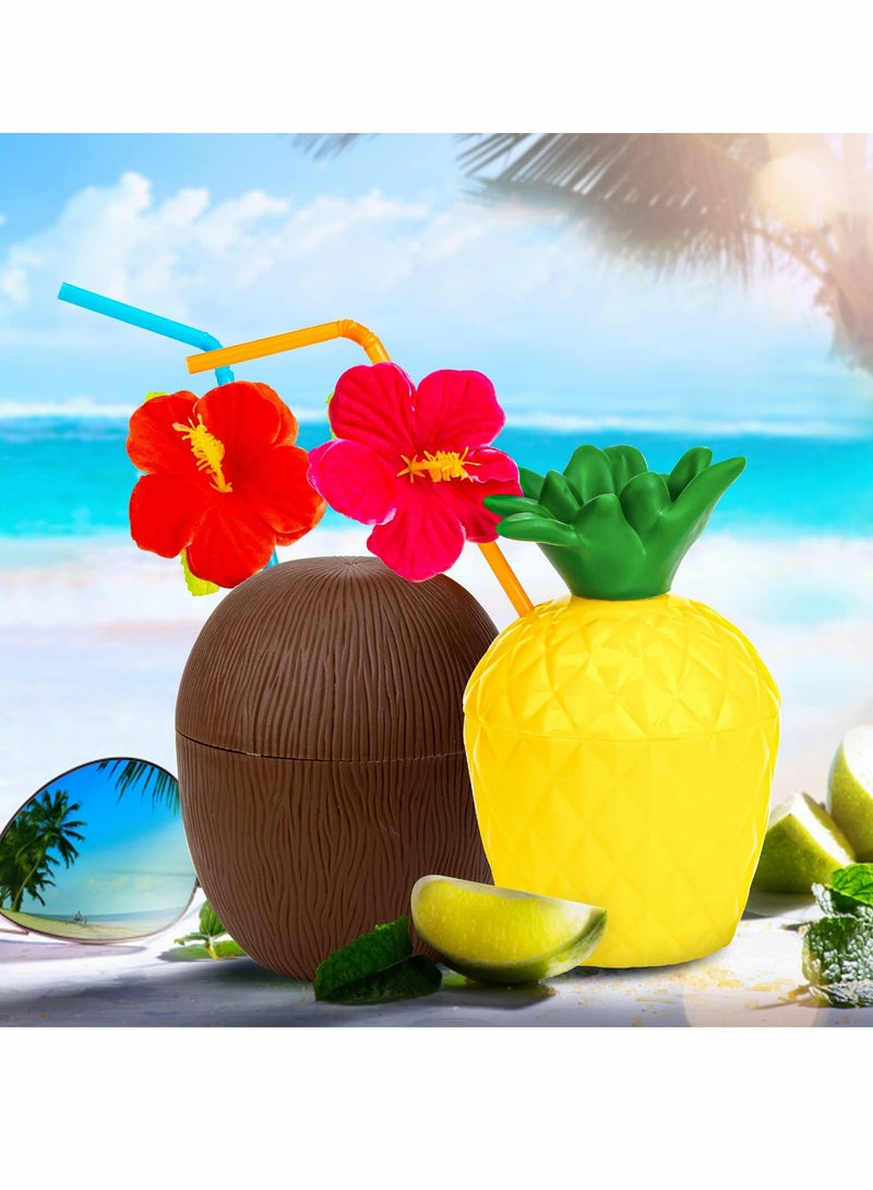 SOLARAE أكواب الأناناس وجوز الهند، أكواب بنكهة هاواي الاستوائية مع أغطية وشفاطات للاحتفالات وأعياد الميلاد (12 قطعة) - Image 4