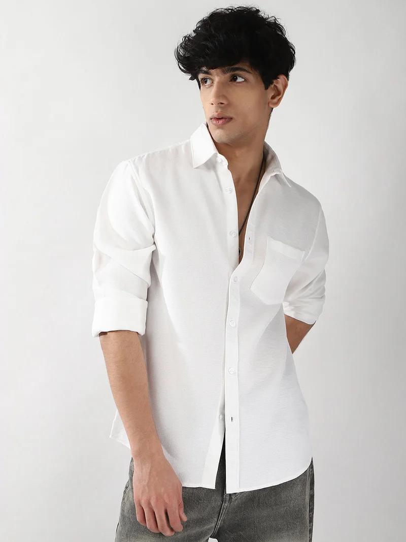 Urbano Fashion Men's White Linen Blend Full Sleeve Relaxed Fit Casual Solid Shirt