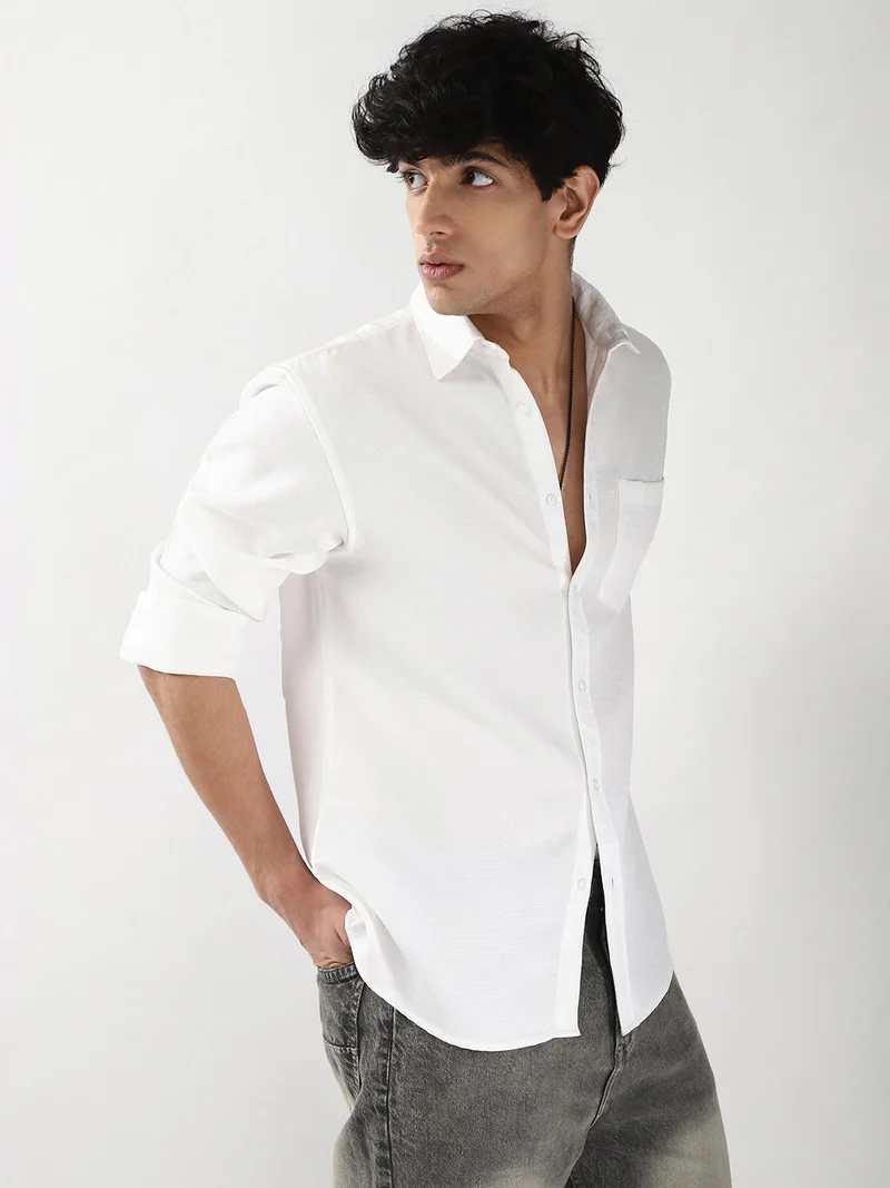 Urbano Fashion Men's White Linen Blend Full Sleeve Relaxed Fit Casual Solid Shirt