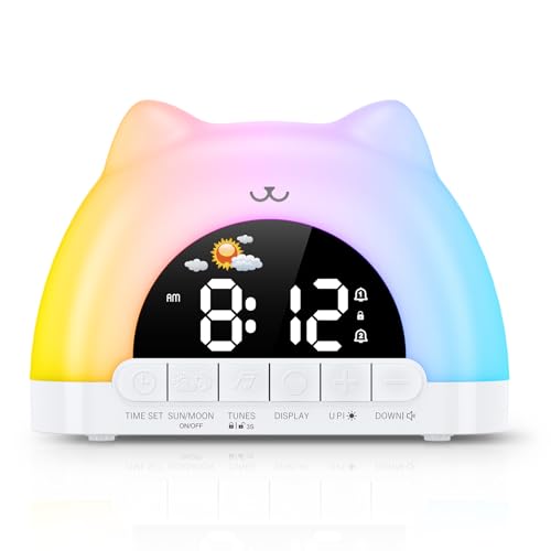 OQIMAX Kids Alarm Clock, Wake Up Clock with 11 Colors Night Light, Toddlers Sleep Training Clocks with 10 Ringtones, Brightness Adjustment, Dual Alarms Plug in OK to Wake Clocks for Girls Boys - Image 1