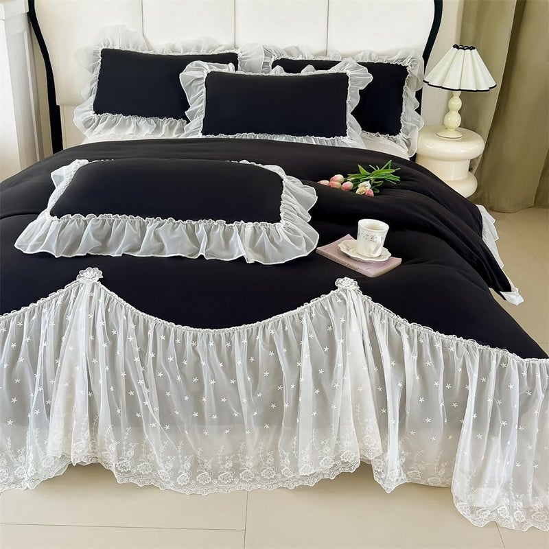 IHOUSTRIY Black Halloween Duvet Cover Full Size, Chiffon Ruffled Beddding Set with Flower, 3 Pieces Comforter Cover Set with Zipper Closure, Girl Princess Bedding with Pillowcase - Black, Full - Image 1
