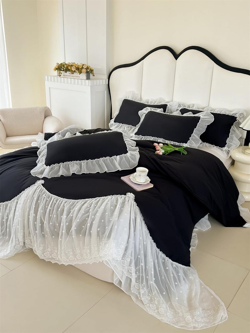 IHOUSTRIY Black Halloween Duvet Cover Full Size, Chiffon Ruffled Beddding Set with Flower, 3 Pieces Comforter Cover Set with Zipper Closure, Girl Princess Bedding with Pillowcase - Black, Full - Image 2