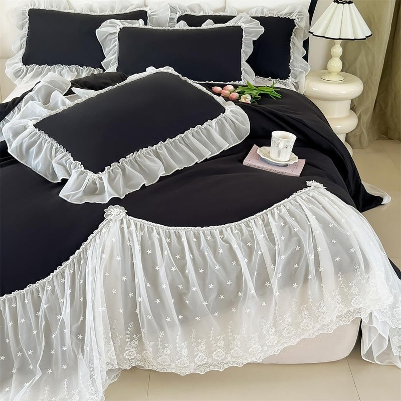 IHOUSTRIY Black Halloween Duvet Cover Full Size, Chiffon Ruffled Beddding Set with Flower, 3 Pieces Comforter Cover Set with Zipper Closure, Girl Princess Bedding with Pillowcase - Black, Full - Image 5