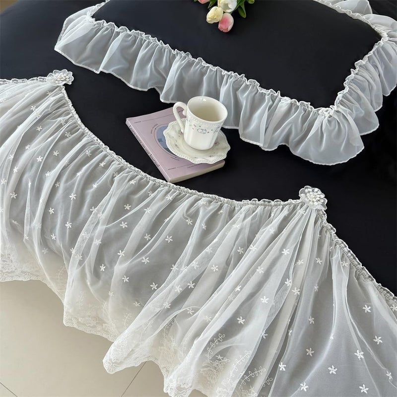 IHOUSTRIY Black Halloween Duvet Cover Full Size, Chiffon Ruffled Beddding Set with Flower, 3 Pieces Comforter Cover Set with Zipper Closure, Girl Princess Bedding with Pillowcase - Black, Full - Image 4