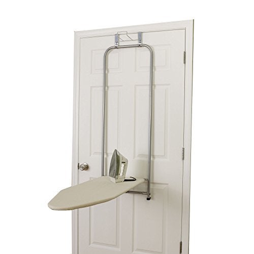 Household Essentials 144222 Over The Door Small Ironing Board with Iron Holder Natural Cotton Cover Silver