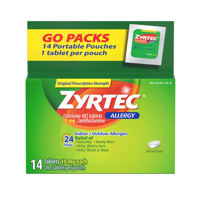 ZYRTEC أقراص زيرتيك لتخفيف الحساسية لمدة 24 ساعة، دواء الحساسية مع 10 ملغ من سيتيريزين HCl لكل قرص مضاد للهستامين للحساسية، تخفيف أثناء التنقل، أكياس سفر فردية، 14 حبة، (14 × 1 حبة) - Image 1