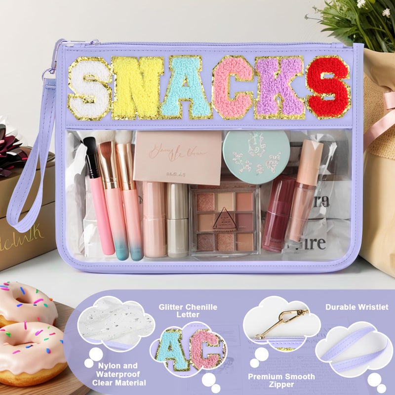 TESAFNG Snack Bag for Travel - Clear Chenille Varsity Letter Flat Pouch with Zipper, Waterproof Clear PVC&PU Preppy Patch Makeup Cosmetic tote Bags for Women Girls (Purple-Snacks) - Image 3