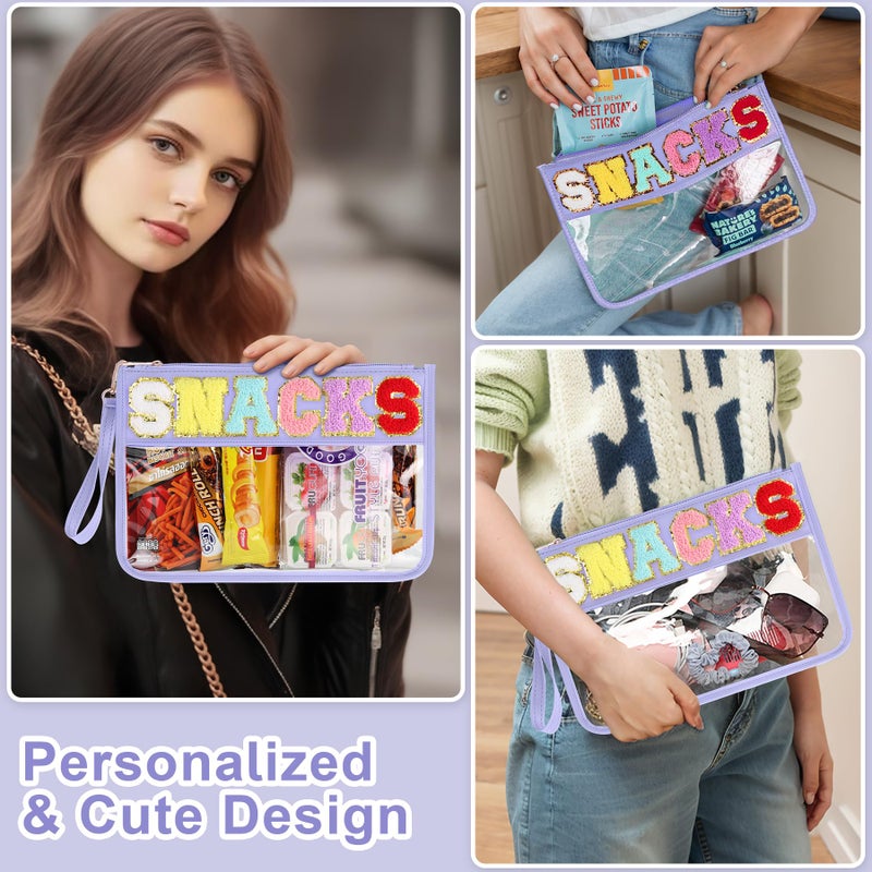 TESAFNG Snack Bag for Travel - Clear Chenille Varsity Letter Flat Pouch with Zipper, Waterproof Clear PVC&PU Preppy Patch Makeup Cosmetic tote Bags for Women Girls (Purple-Snacks) - Image 4