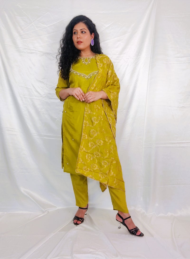 PRIYA’S PANACHE PRIYA’S PANACHE Silk Kurti Pant Set with Banarasi Dupatta – Elegant Indian Ethnic Suit for Women.  - Image 1