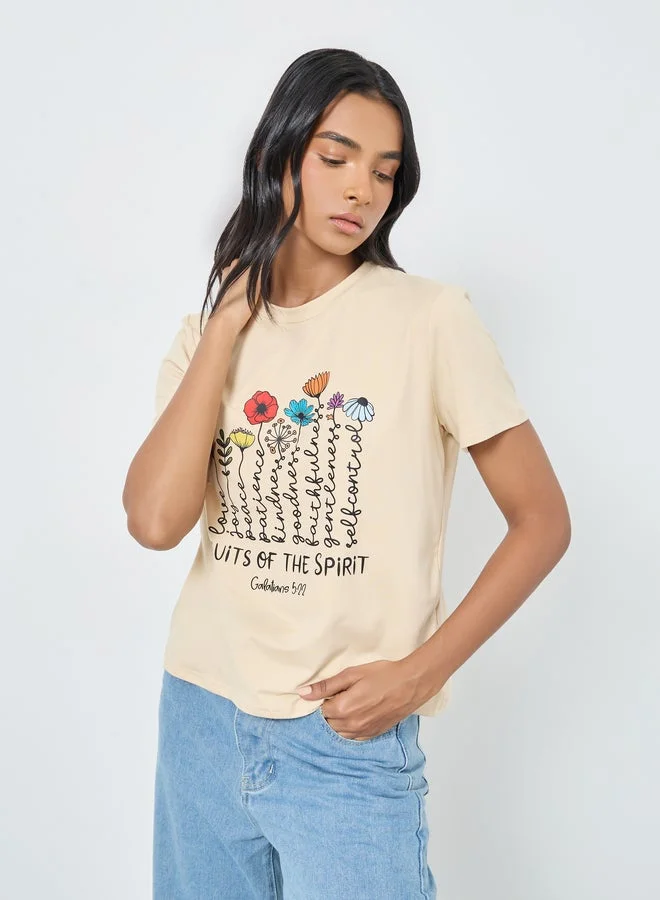 Take Two Women Beige Flower Graphic Print T-Shirt