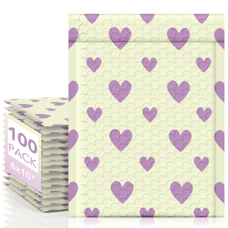Fuxury Bubble Mailers 6x10" Padded Envelopes 100 Pack Usable Size 6x9"Bubble Envelopes Self Seal Small Padded Mailers for Small Business Shipping Bag, Gifts, Jewelry, Makeup,Purple Heart In Beige #0 - Image 1