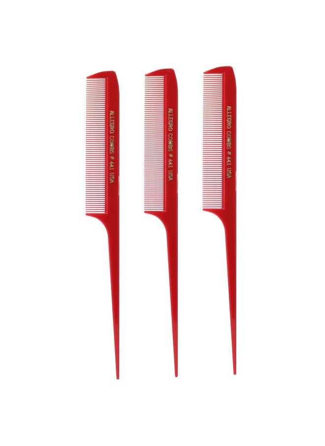 Allegro Combs 441 Rat Tail Combs Braiding Parting Fine Teeth Rattail Set For Hair Styling For Hair Coloring 3 Units (Red) 