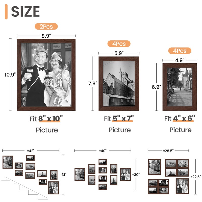 upsimples 10 Pack Picture Frames Collage Wall Decor for Mounting or Tabletop Display, Photo Gallery Frame Set for Family, Multi Sizes Including 8x10, 5x7, 4x6, Brown - Image 2