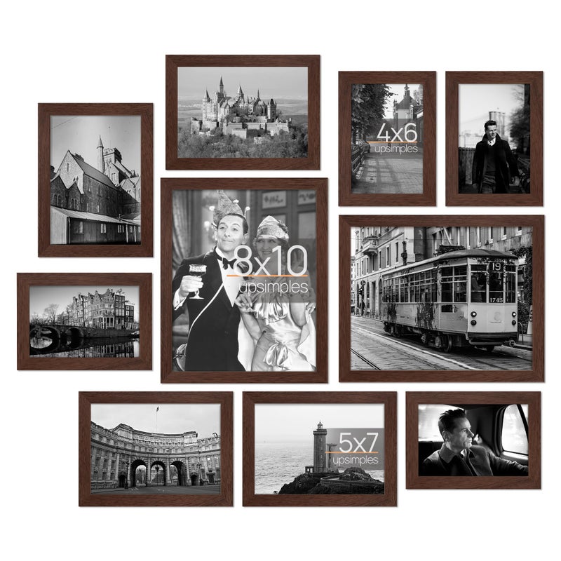 upsimples 10 Pack Picture Frames Collage Wall Decor for Mounting or Tabletop Display, Photo Gallery Frame Set for Family, Multi Sizes Including 8x10, 5x7, 4x6, Brown - Image 1