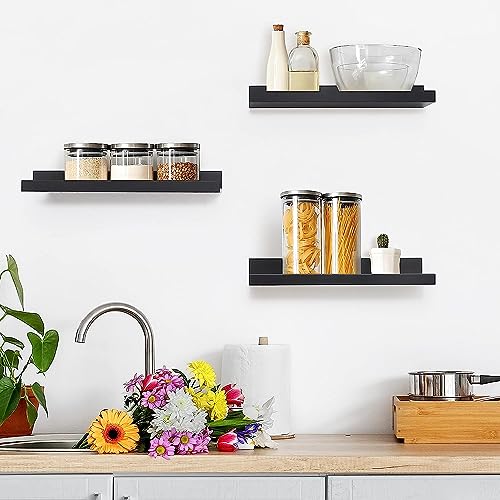 Streem Sheesham Wood Floating Shelves, Wall Shelves Set of 3, Picture Shelf Photo Ledge Shelves for Bathroom Kitchen and Bedroom,Livingroom & Office (16 Inch, Black) - Image 2