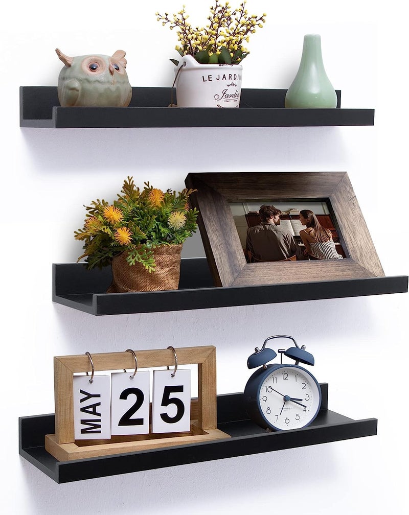 Streem Sheesham Wood Floating Shelves, Wall Shelves Set of 3, Picture Shelf Photo Ledge Shelves for Bathroom Kitchen and Bedroom,Livingroom & Office (16 Inch, Black) - Image 1