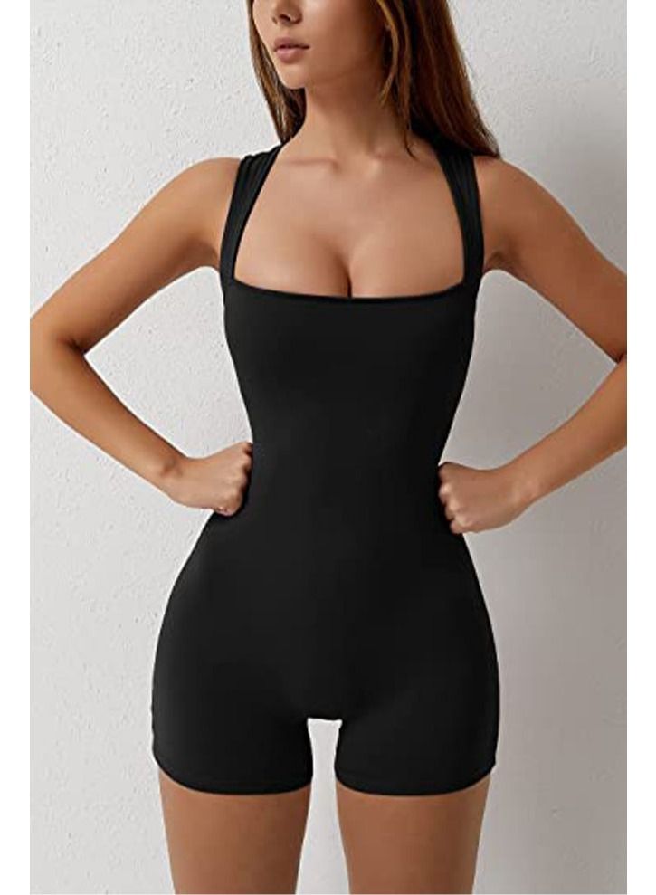 Womens Strappy Square Neck Tank Top Tummy Control Bodycon Stretch Shorts Jumpsuit Rompers - Image 4