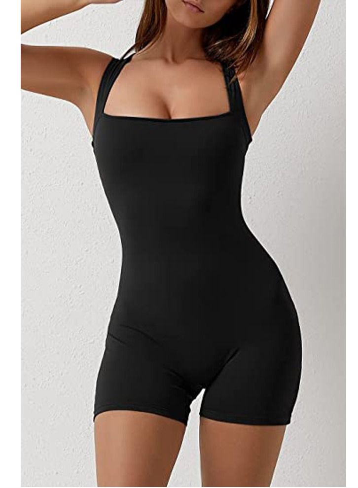 Womens Strappy Square Neck Tank Top Tummy Control Bodycon Stretch Shorts Jumpsuit Rompers - Image 2
