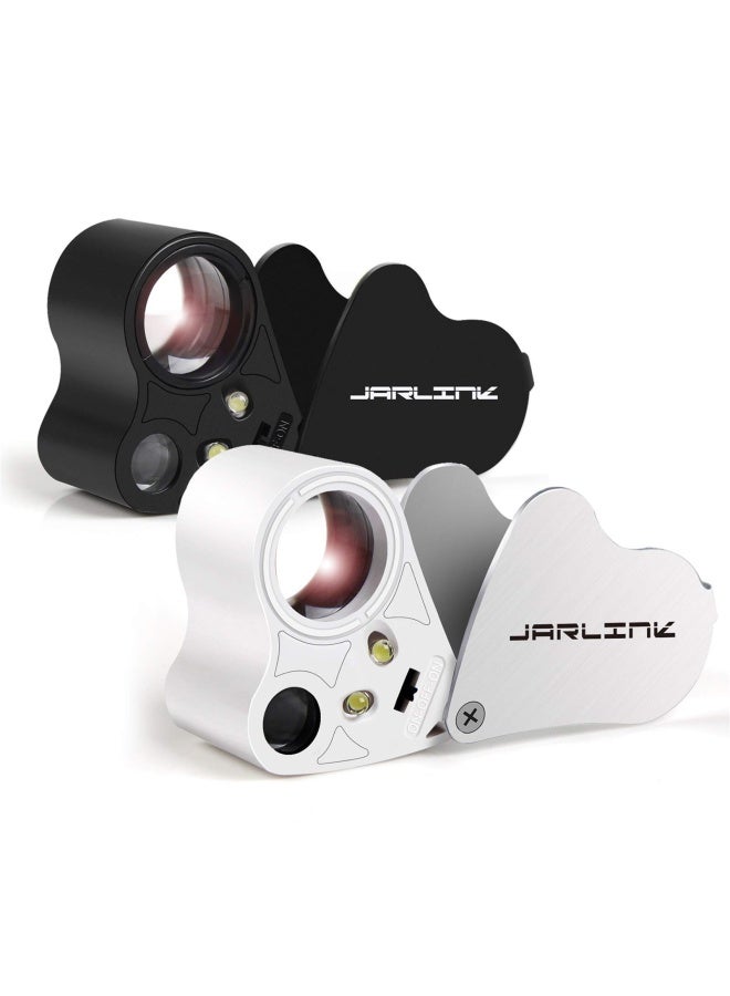 JARLINK 2 Pack 30X 60X Illuminated Jewelers Eye Loupe Magnifier Foldable Jewelry Magnifiers With Bright Led Light For Gems Jewelry Coins Stamps Etc White And Black  - Image 1