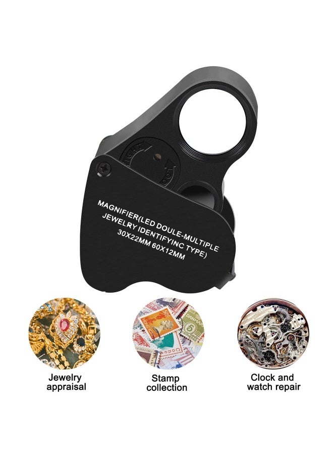 JARLINK 2 Pack 30X 60X Illuminated Jewelers Eye Loupe Magnifier Foldable Jewelry Magnifiers With Bright Led Light For Gems Jewelry Coins Stamps Etc White And Black  - Image 2
