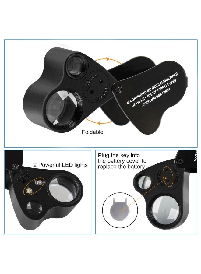 JARLINK 2 Pack 30X 60X Illuminated Jewelers Eye Loupe Magnifier Foldable Jewelry Magnifiers With Bright Led Light For Gems Jewelry Coins Stamps Etc White And Black  - Image 5