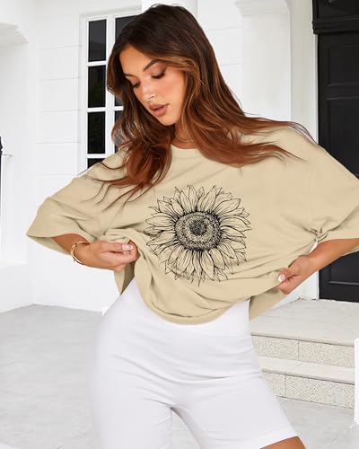 rosemia Womens Oversized Tshirt Graphic Tees Crew Neck Summer Short Sleeve Loose Fit Tops (A-Sunflower Print Khaki, L) - Image 4