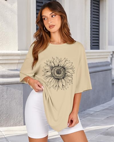 rosemia Womens Oversized Tshirt Graphic Tees Crew Neck Summer Short Sleeve Loose Fit Tops (A-Sunflower Print Khaki, L) - Image 3