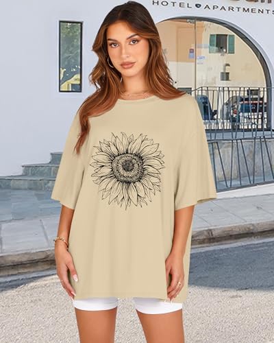 rosemia Womens Oversized Tshirt Graphic Tees Crew Neck Summer Short Sleeve Loose Fit Tops (A-Sunflower Print Khaki, L) - Image 5