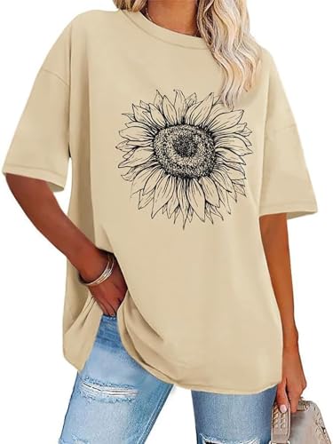 rosemia Womens Oversized Tshirt Graphic Tees Crew Neck Summer Short Sleeve Loose Fit Tops (A-Sunflower Print Khaki, L) - Image 1