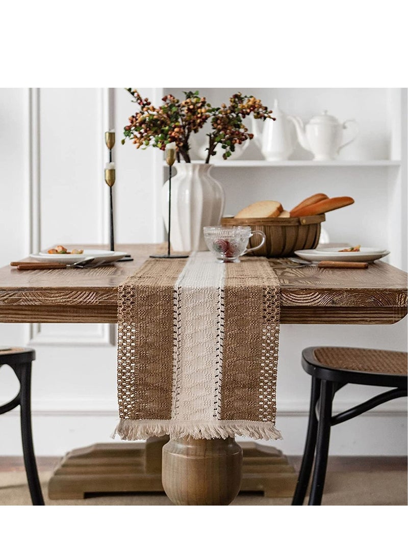 Barakah Table Runners Natural Burlap, Boho Macrame, Rustic with Tassels, Hand Woven Cotton and Splicing, for Living Room Party Wedding Decoration Dining - Image 4