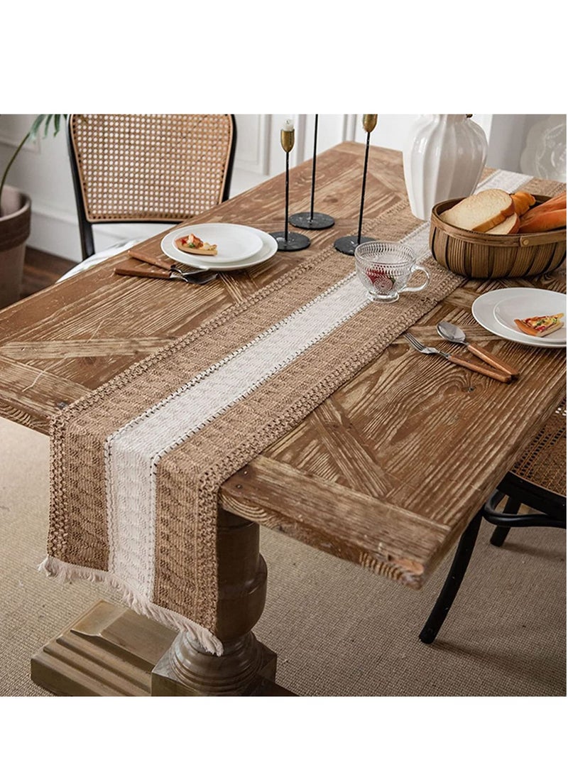 Barakah Table Runners Natural Burlap, Boho Macrame, Rustic with Tassels, Hand Woven Cotton and Splicing, for Living Room Party Wedding Decoration Dining - Image 3