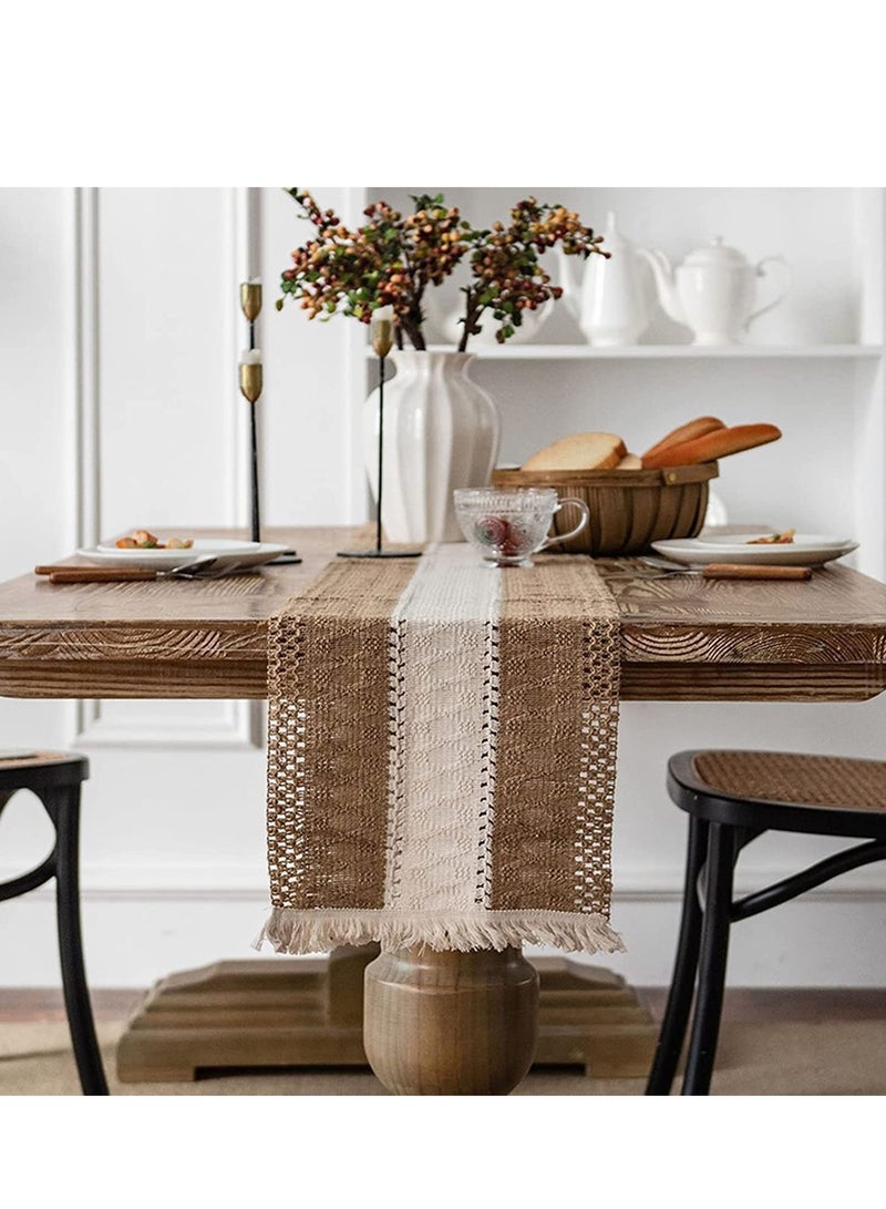 Barakah Table Runners Natural Burlap, Boho Macrame, Rustic with Tassels, Hand Woven Cotton and Splicing, for Living Room Party Wedding Decoration Dining - Image 2