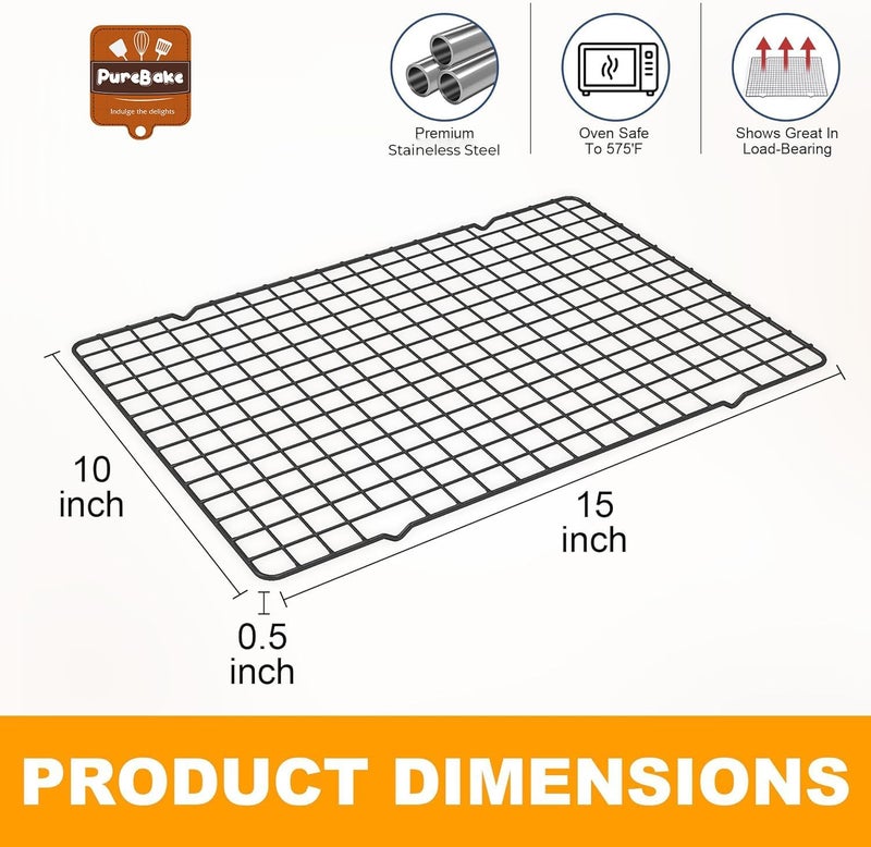 PureBake 2PCS Cooling Racks for Cooking and Baking - 40x25cm Heavy Duty Stainless Steel Wire Rack for Baking, Grilling, Roasting - Oven and Dishwasher Safe - Fits Jelly Roll Sheet Pan（Black) - Image 2
