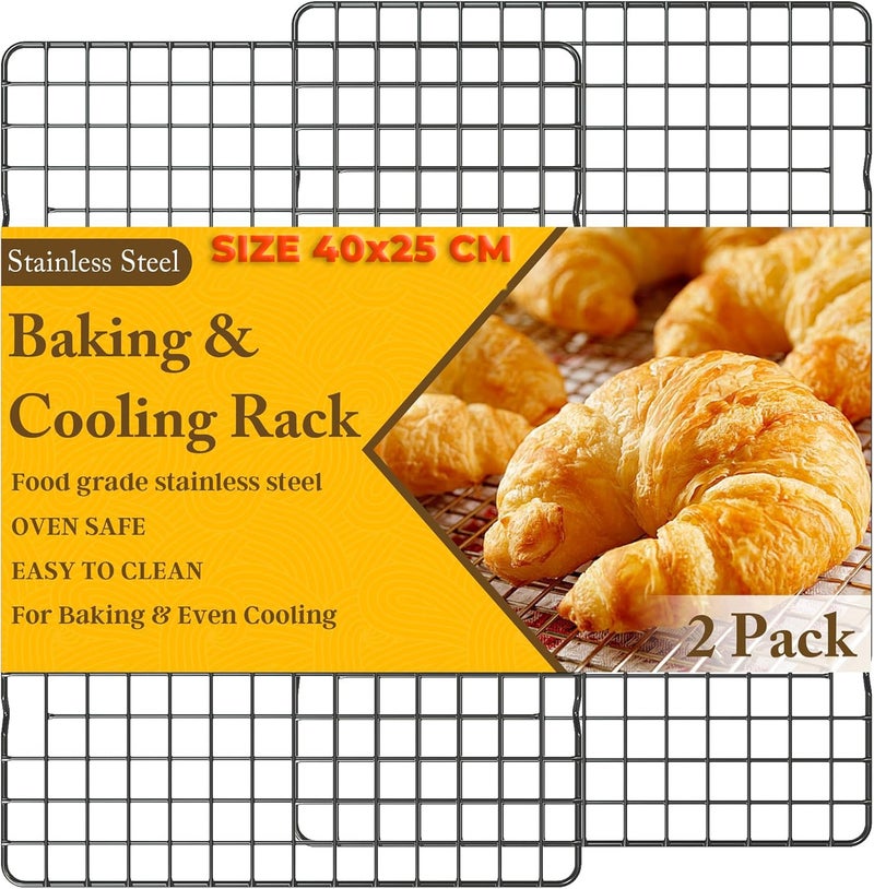 PureBake 2PCS Cooling Racks for Cooking and Baking - 40x25cm Heavy Duty Stainless Steel Wire Rack for Baking, Grilling, Roasting - Oven and Dishwasher Safe - Fits Jelly Roll Sheet Pan（Black) - Image 1