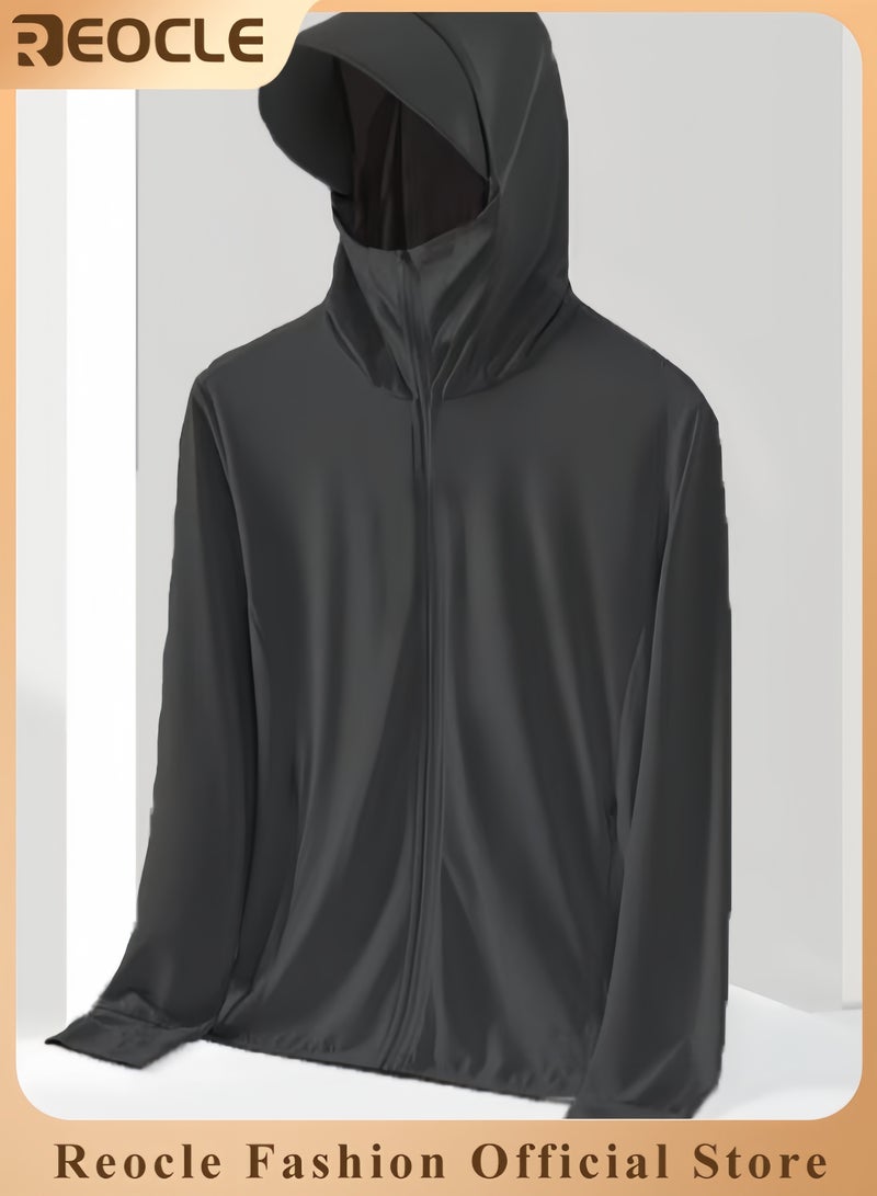 REOCLE Men's Lightweight Sun Protection Clothing Long-sleeved Ice Silk Hooded Shirts Anti-UV Fishing Outdoor Clothes for Men - Image 1