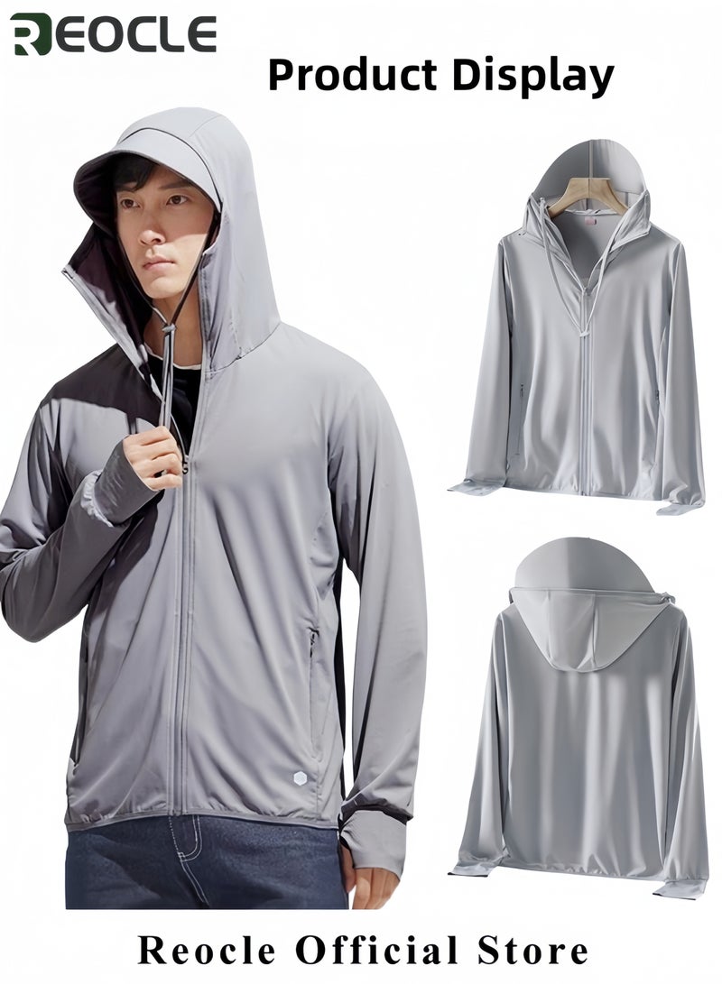 REOCLE Men's Lightweight Sun Protection Clothing Long-sleeved Ice Silk Hooded Shirts Anti-UV Fishing Outdoor Clothes for Men - Image 5