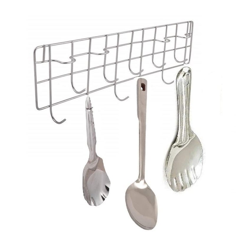 FIRST FRONT Combo of 11 Hooks Stainless Steel Multi-Level Laddle Hooks Rail for Kitchen with Stainless Steel Serving Spoon, Rice Palta & Rice Panja - Image 1