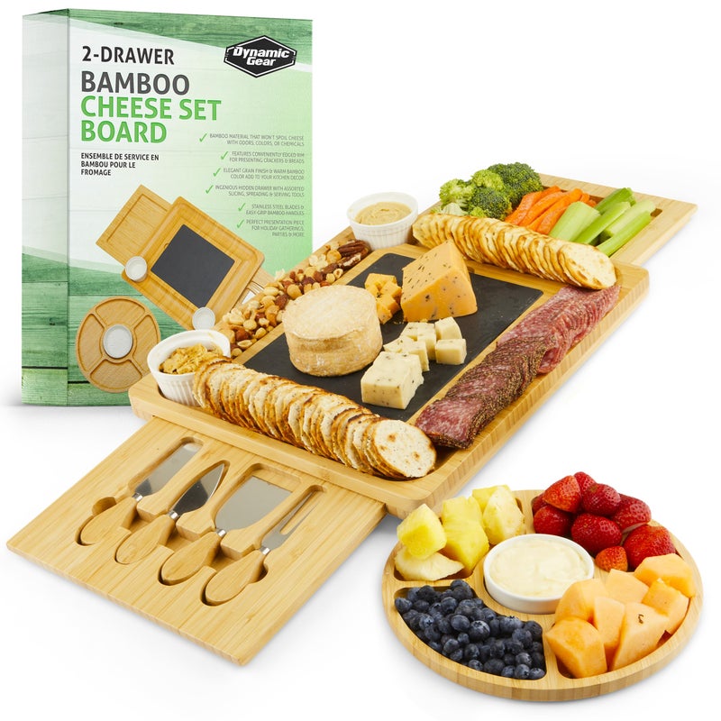 Dynamic Gear Charcuterie Board Gift Set Expandable Bamboo Cheese Board with Stainless Steel Serving Utensils Ceramic Bowls Appetizer and Serving Trays Utensil Trays  Housewarming 2 Drawers 