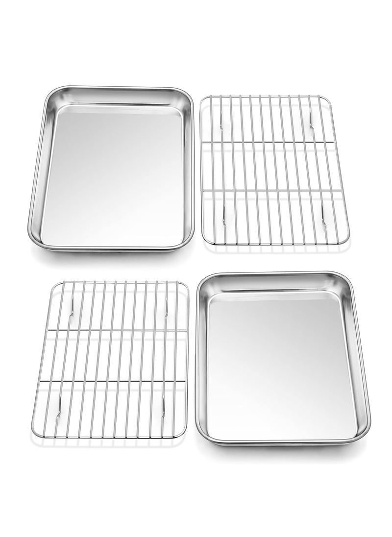 P&P CHEF PP CHEF Toaster Oven Pans with Racks Set of 2 Stainless Steel Oven Tray Baking Pan Sheet and Cooling Rack for Oven Cooking Roasting Non Toxic  Dishwasher Safe  104 Inch 