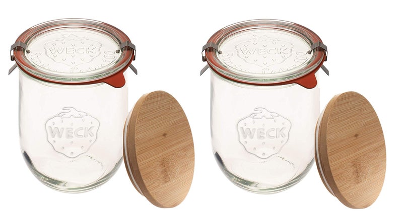 Weck Jars - 33.8 fl. oz Weck Tulip Jars 1 Liter - Sour Dough Starter Jars - Large Glass Jars for Sourdough Suitable for Canning and Storage - (2 Jars, Glass Lids & Wooden Lids) - Image 1