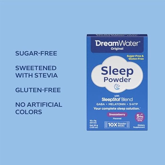 Dream Water Sleep Powder, Sugar-Free, Gluten-Free, Natural Flavors; Blend of 3 Ingredients, GABA, 5mg Melatonin, 5-HPT; Snoozeberry Flavor 10ct - Image 3