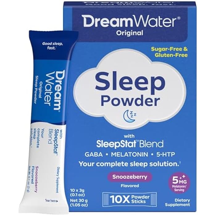 Dream Water Sleep Powder, Sugar-Free, Gluten-Free, Natural Flavors; Blend of 3 Ingredients, GABA, 5mg Melatonin, 5-HPT; Snoozeberry Flavor 10ct - Image 1