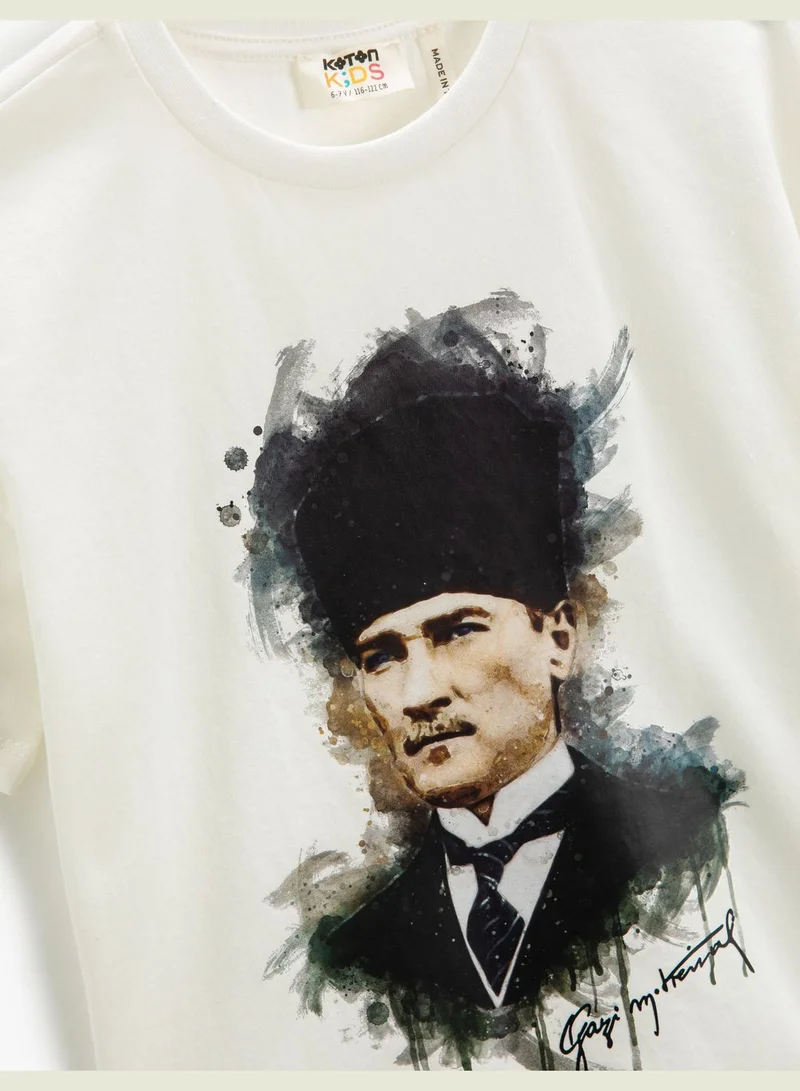 كوتون Atatürk Printed T-Shirt Short Sleeve Crew Neck Cotton