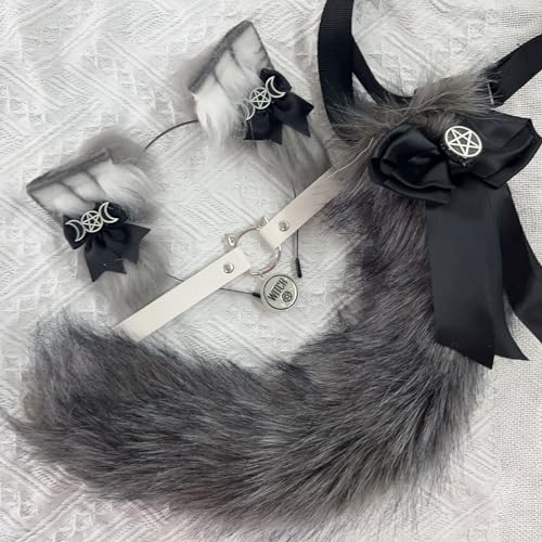 VIGVAN Animal Cosplay Wolf Ears and Fox Cat Ears Raccoon Cosplay Tail (ETC Gray Black) - Image 2