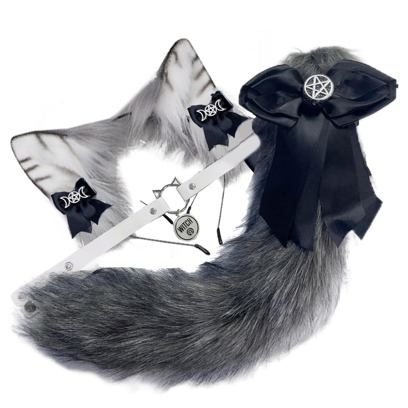 VIGVAN Animal Cosplay Wolf Ears and Fox Cat Ears Raccoon Cosplay Tail (ETC Gray Black) - Image 5