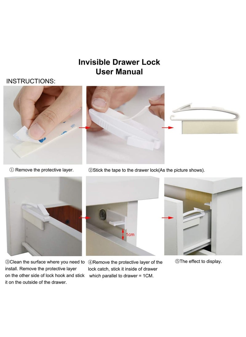 Set of 4 Child Safety Drawer Locks, Invisible Latches with Strong Adhesive for Baby Protection, Compatible with Select Drawers