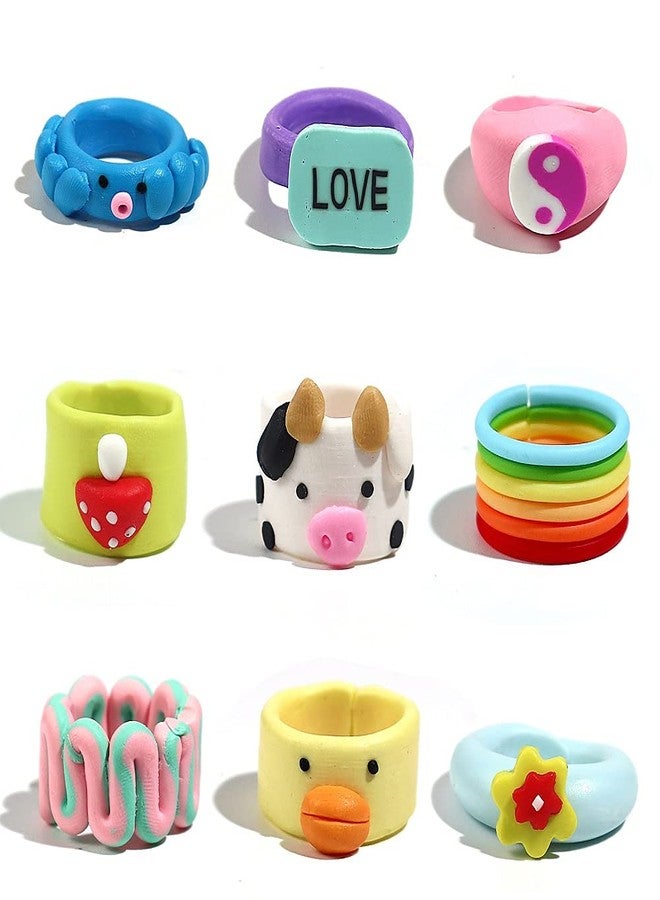 Pingyongchang 9pcs Colorful Chunky Clay Ring, Cute Animal Resin Personalized Colorful Funny Stackable Finger Rings Jewelry Gift for Women - Image 1