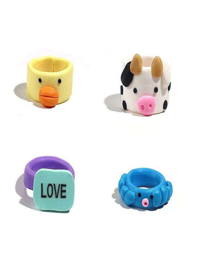 Pingyongchang 9pcs Colorful Chunky Clay Ring, Cute Animal Resin Personalized Colorful Funny Stackable Finger Rings Jewelry Gift for Women - Image 2