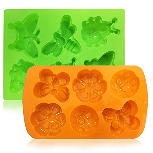SENHAI 2 Pcs Insect shape Silicone Trays, SENHAI 6-Cavity 3D Dragonfly Butterfly Ladybug shape Cake Baking Molds, DIY Soap Handmade Muffin Biscuit Cookie Pans - Orange, Green - Image 2